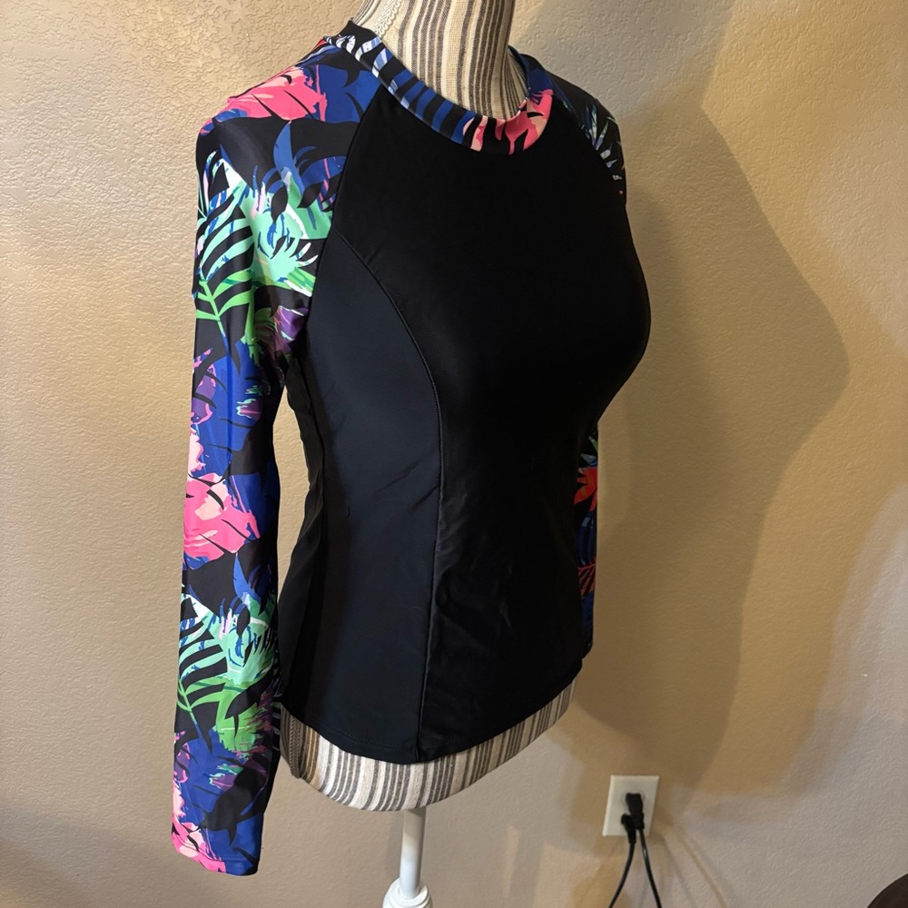 NEW BesserBay Rashguard Large Black Long Sleeve Tropical Floral Raglan Swim Tee - Picture 5 of 15
